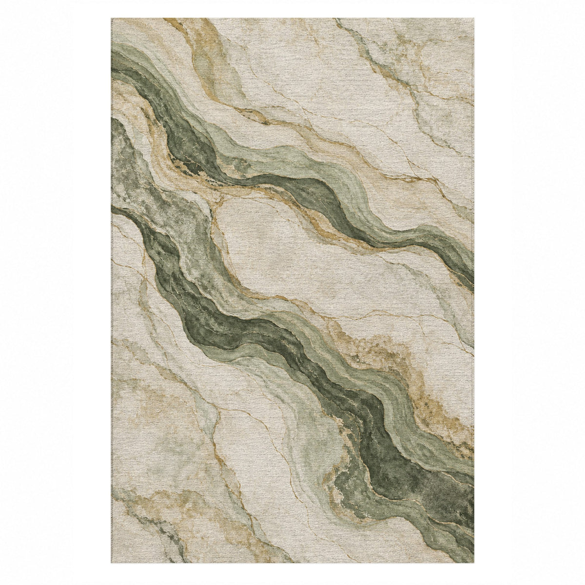 Marble Veins Sage Abstract Washable Rug — top view