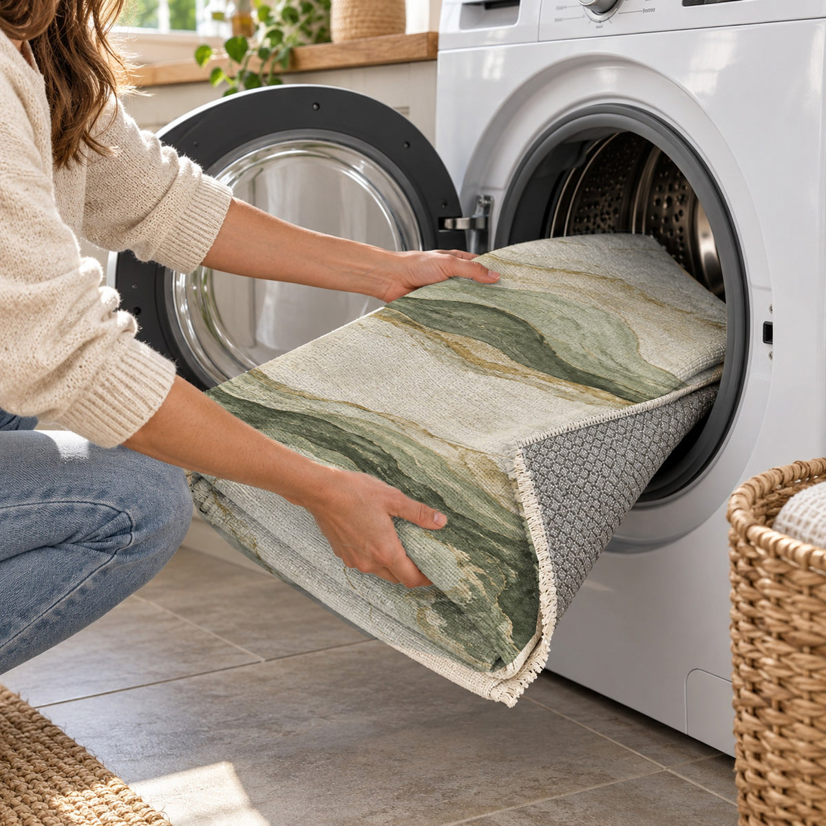 Marble Veins Sage Abstract Washable Rug — washing machine