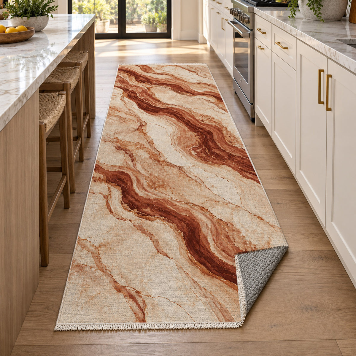Marble Veins Terracotta Abstract Washable Rug — new york kitchen runner