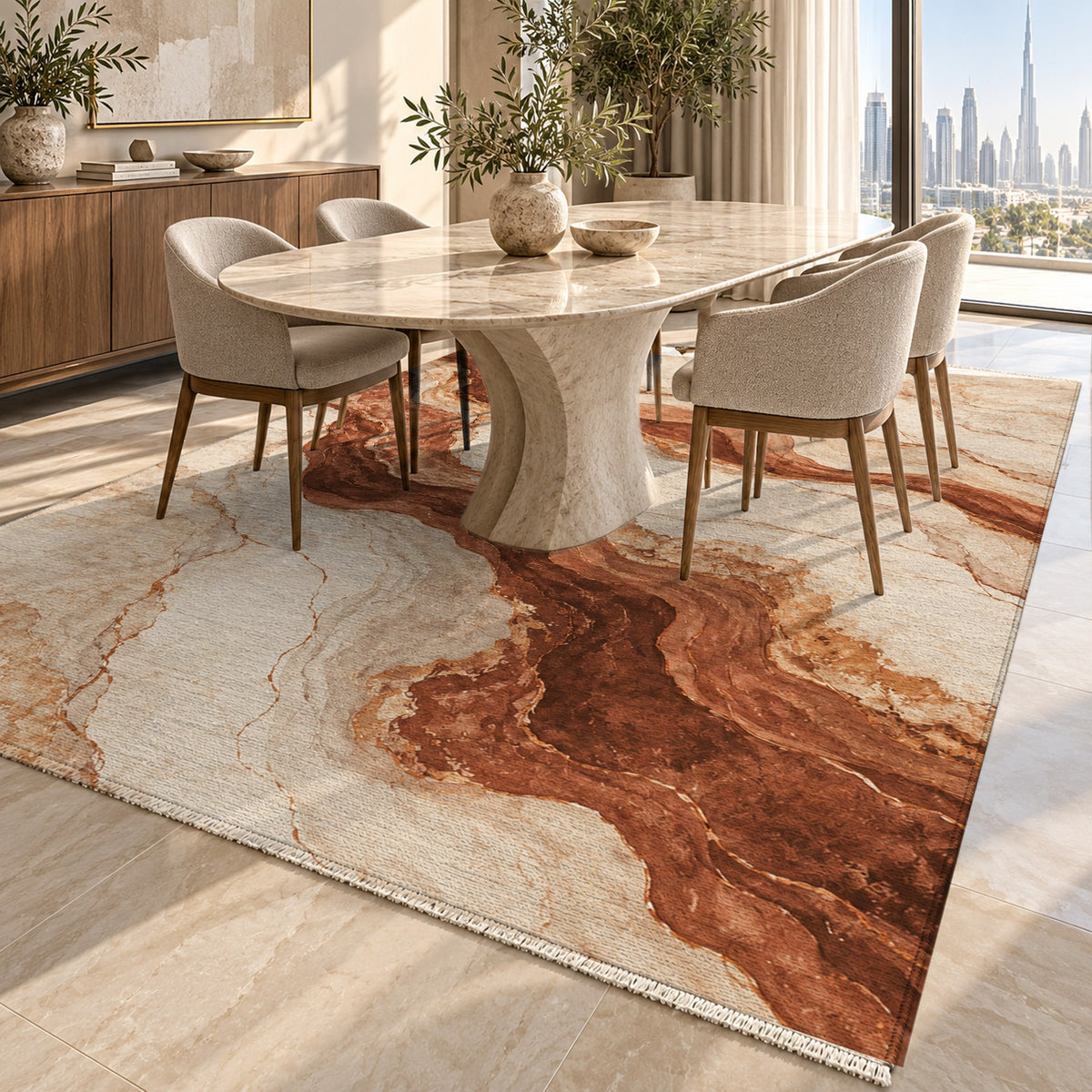 Marble Veins Terracotta Abstract Washable Rug — dubai dining