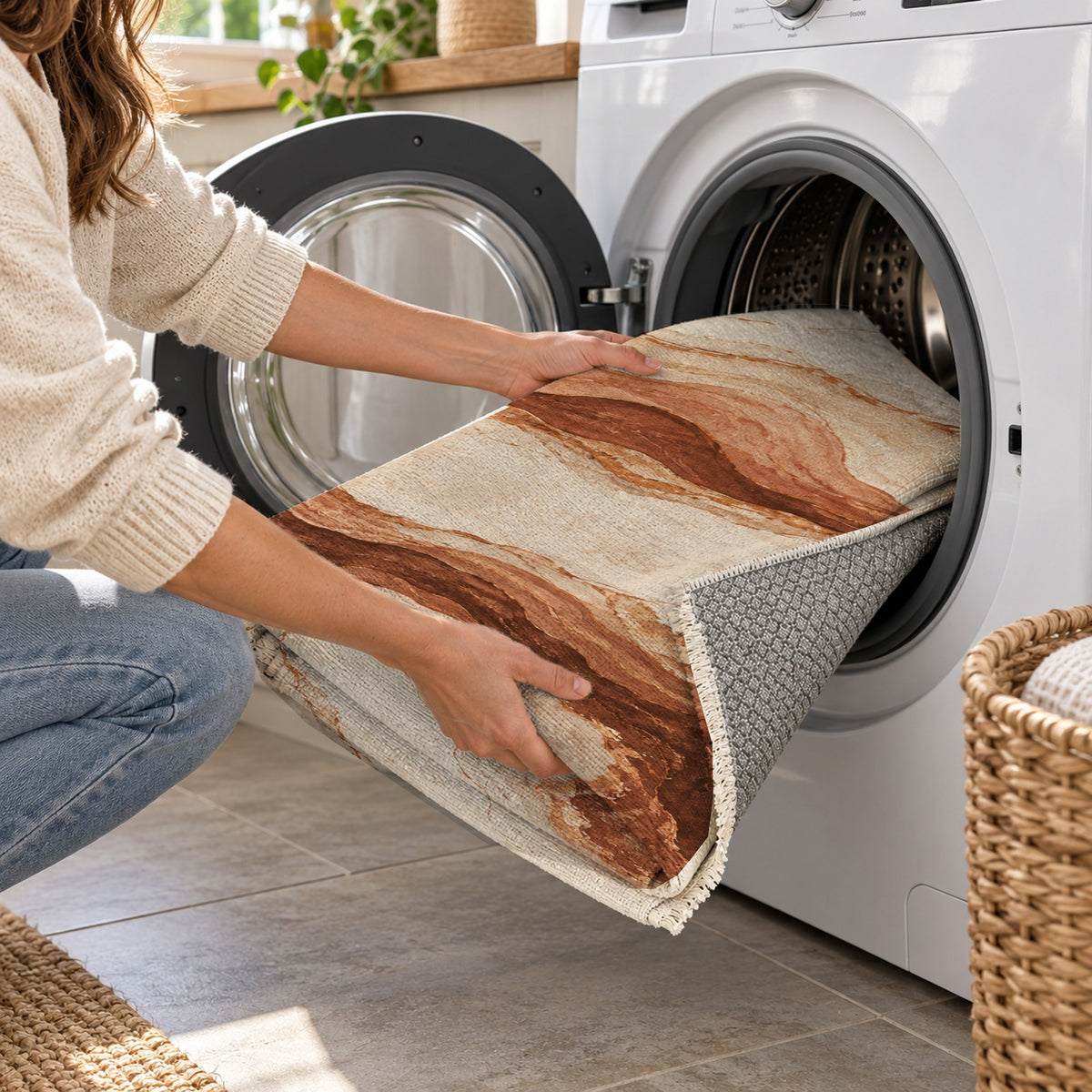 Marble Veins Terracotta Abstract Washable Rug — washing machine