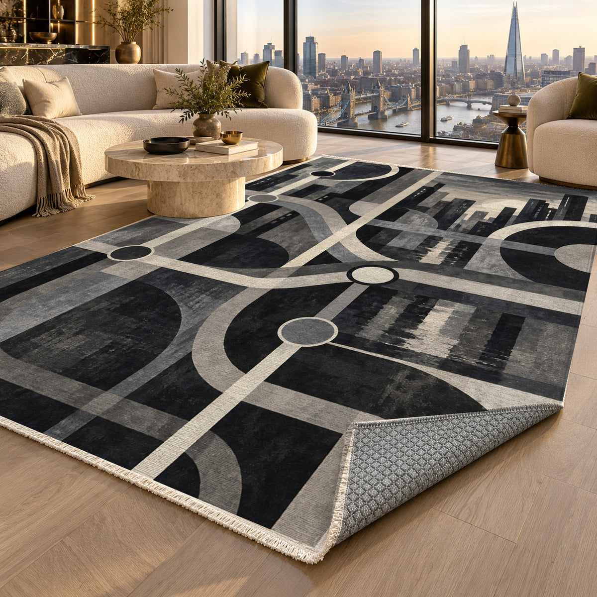 Metro Lines Charcoal Modern Washable Rug — london luxury living