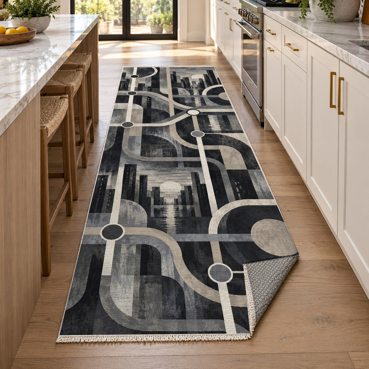 Metro Lines Charcoal Modern Washable Rug — new york kitchen runner