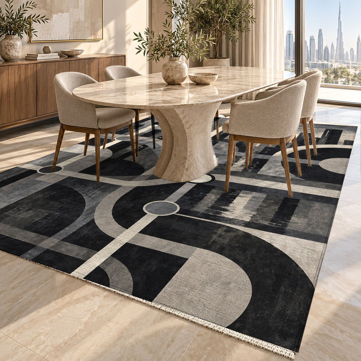 Metro Lines Charcoal Modern Washable Rug — dubai dining