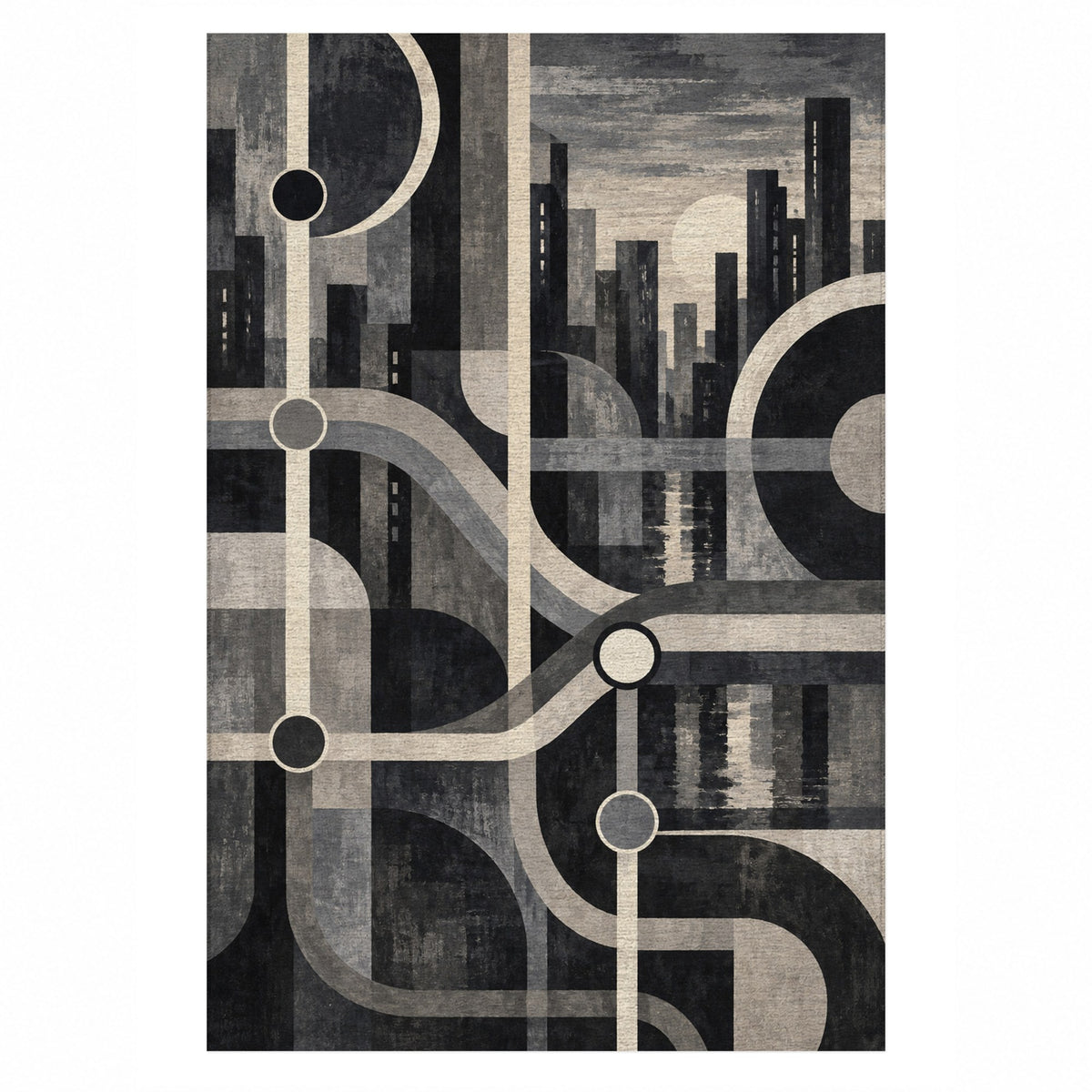Metro Lines Charcoal Modern Washable Rug — top view