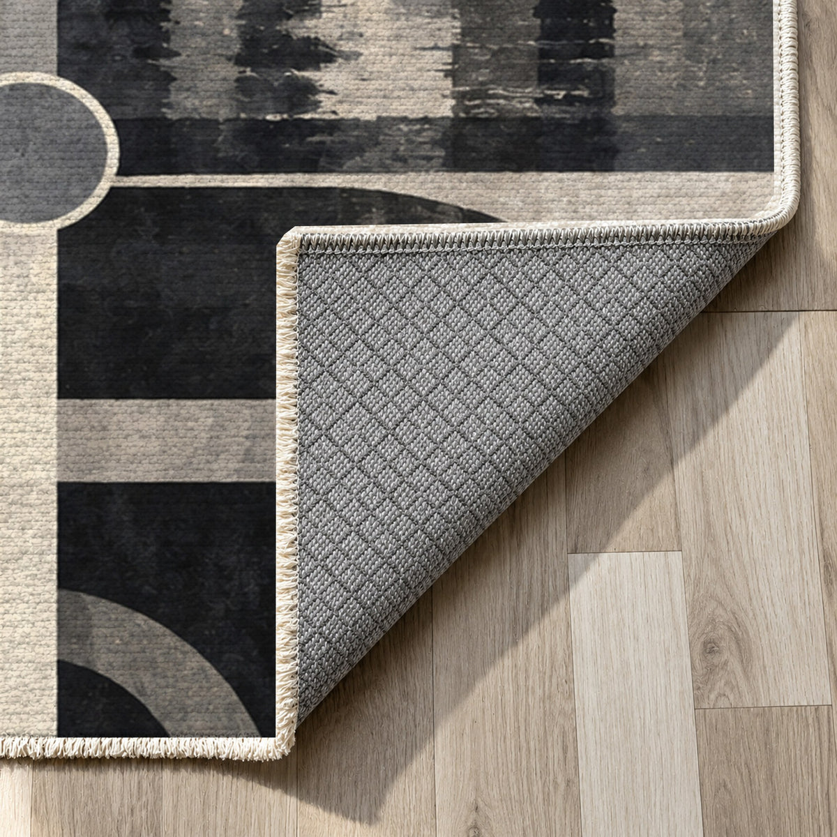 Metro Lines Charcoal Modern Washable Rug — backing close up
