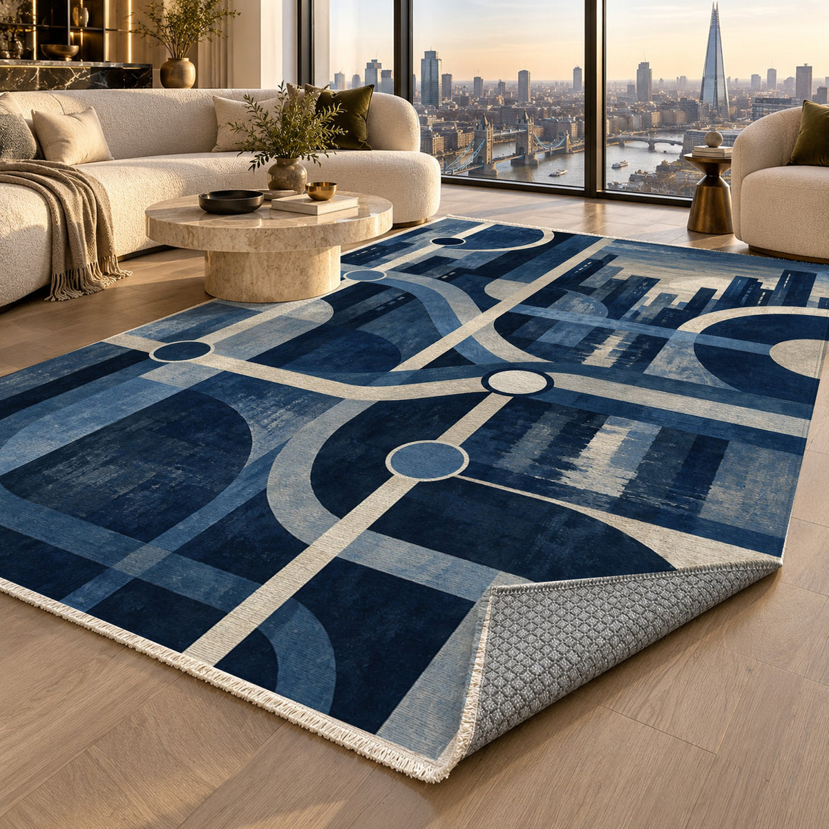 Metro Lines Indigo Modern Washable Rug — london luxury living