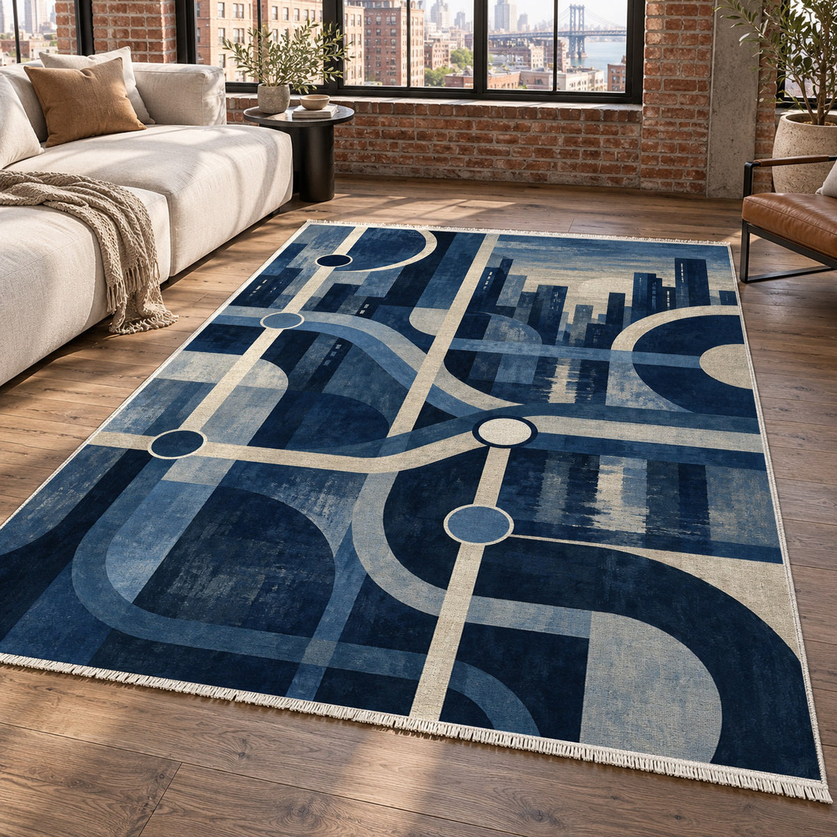 Metro Lines Indigo Modern Washable Rug — new york living