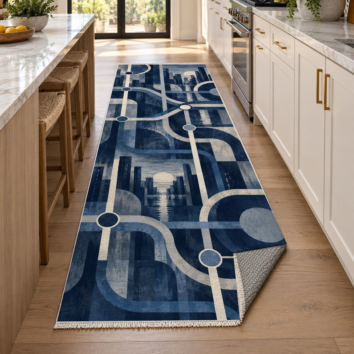 Metro Lines Indigo Modern Washable Rug — new york kitchen runner