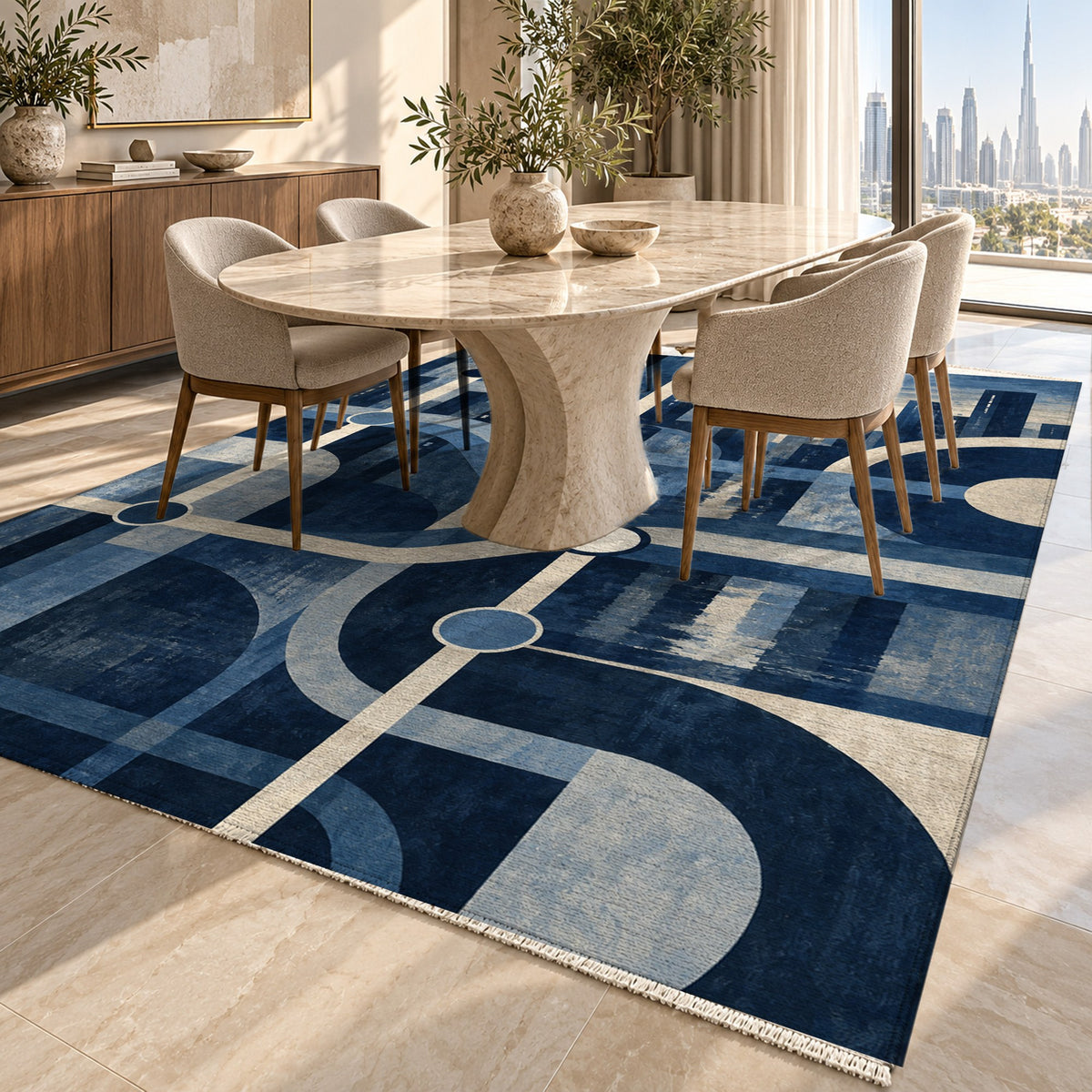 Metro Lines Indigo Modern Washable Rug — dubai dining