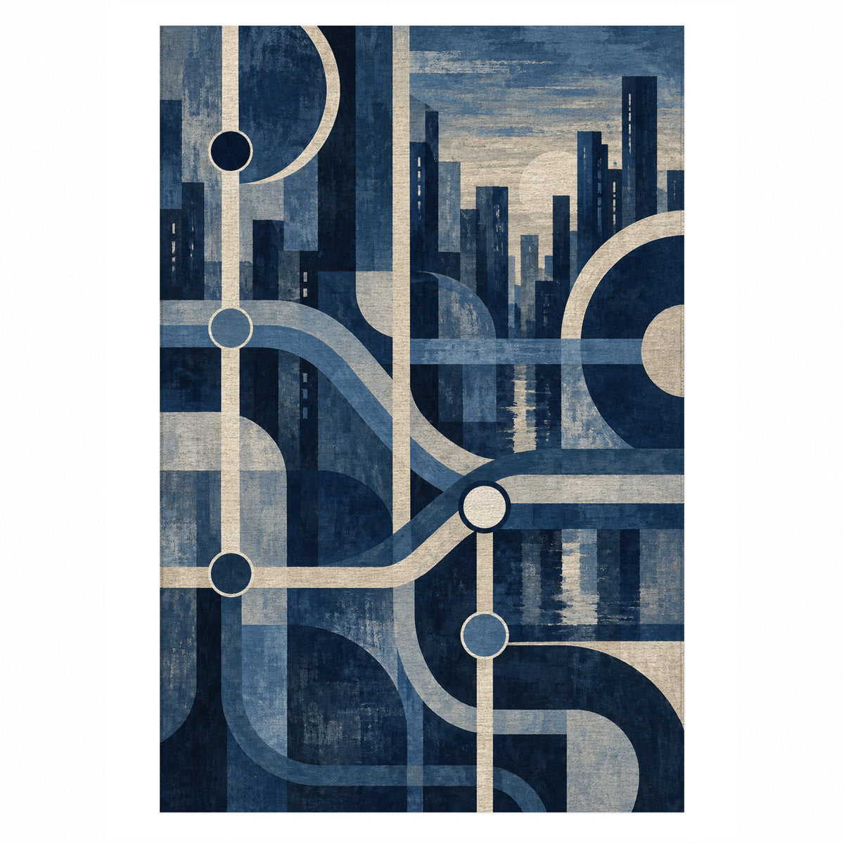 Metro Lines Indigo Modern Washable Rug — top view