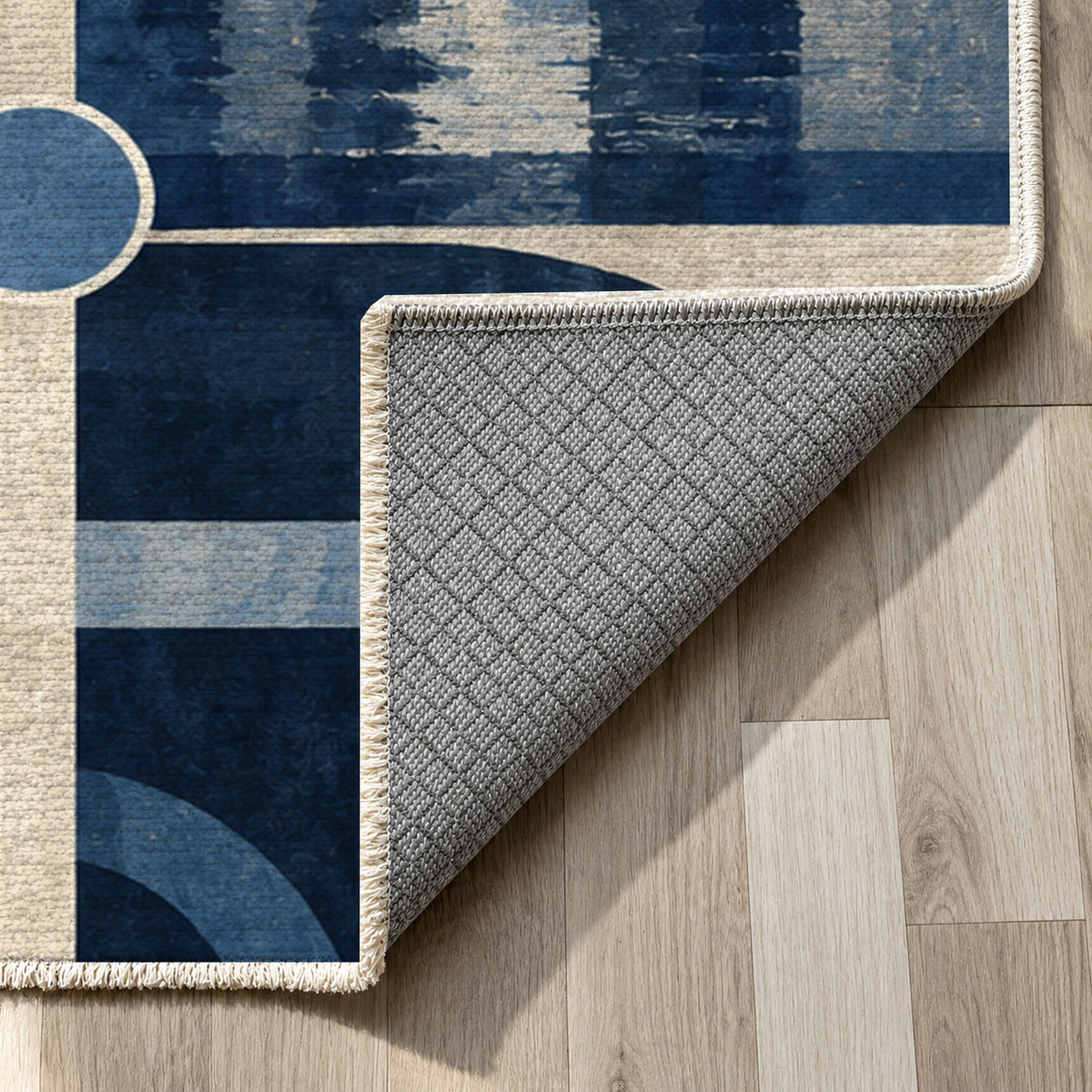 Metro Lines Indigo Modern Washable Rug — backing close up