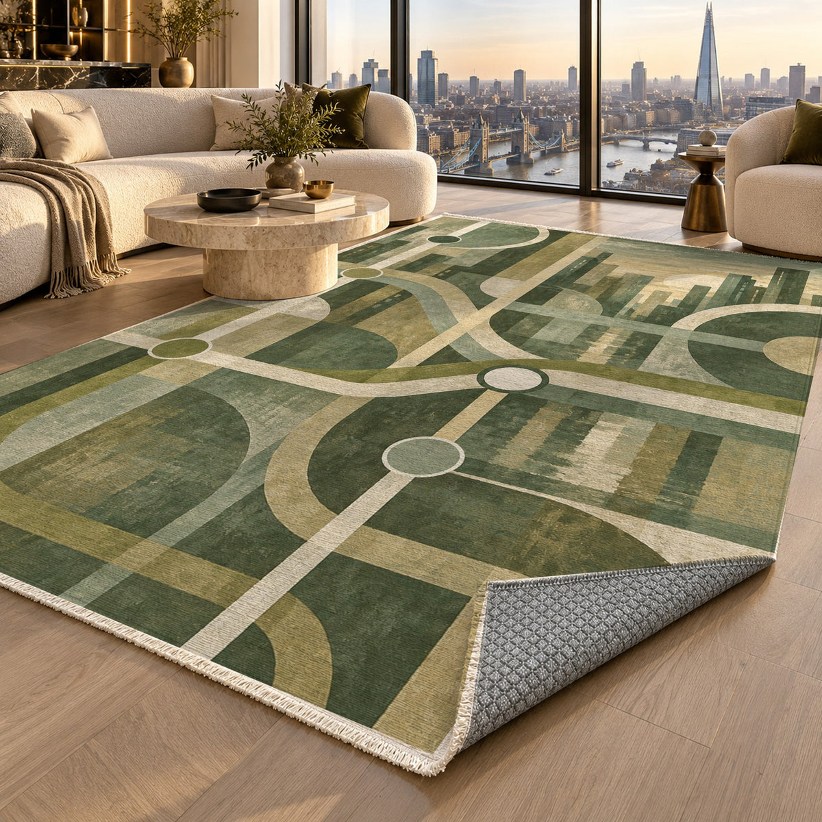 Metro Lines Sage Modern Washable Rug — london luxury living