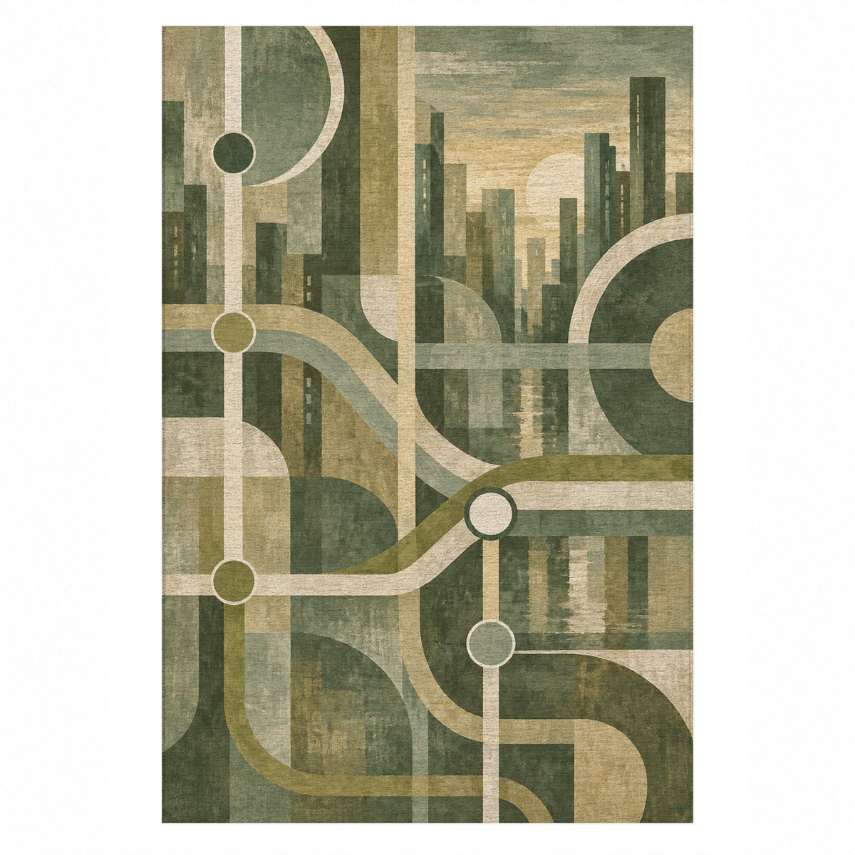 Metro Lines Sage Modern Washable Rug — top view