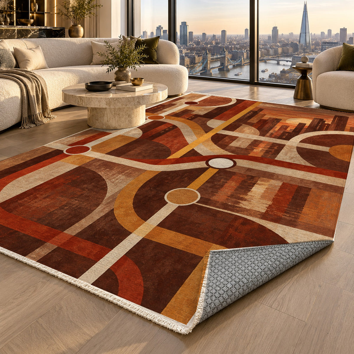 Metro Lines Terracotta Modern Washable Rug — london luxury living