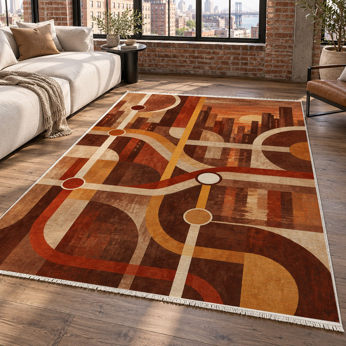 Metro Lines Terracotta Modern Washable Rug — new york living