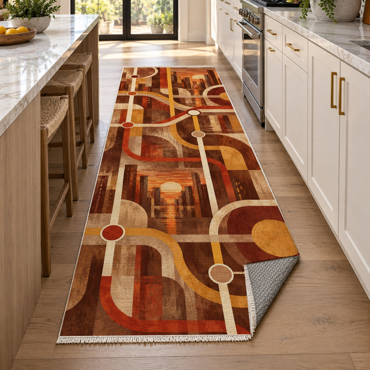 Metro Lines Terracotta Modern Washable Rug — new york kitchen runner