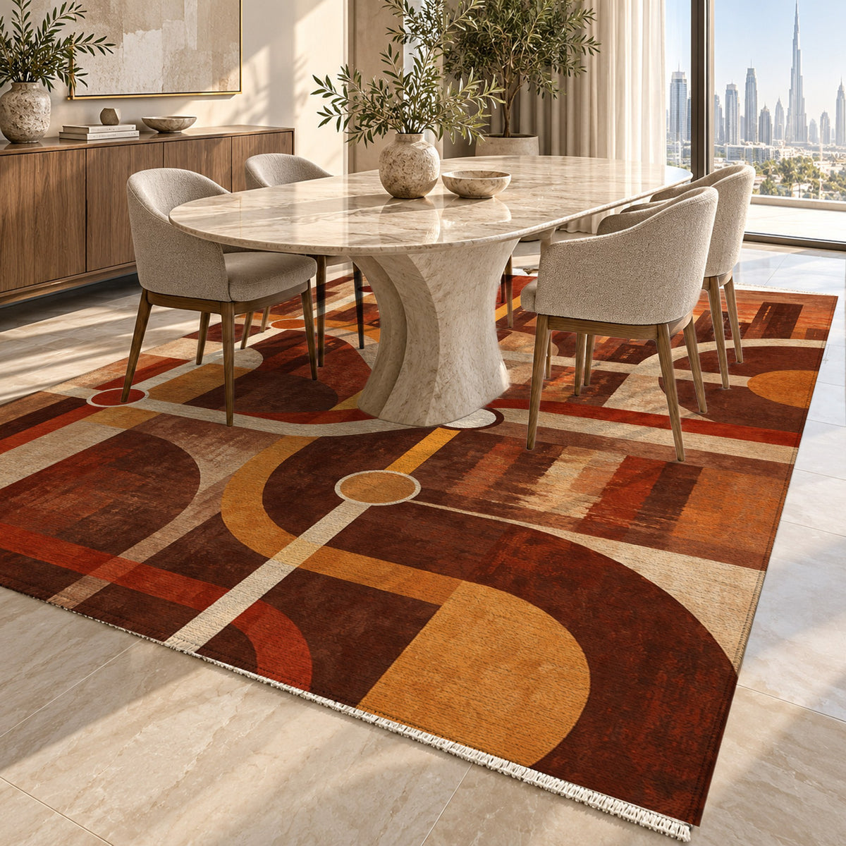 Metro Lines Terracotta Modern Washable Rug — dubai dining