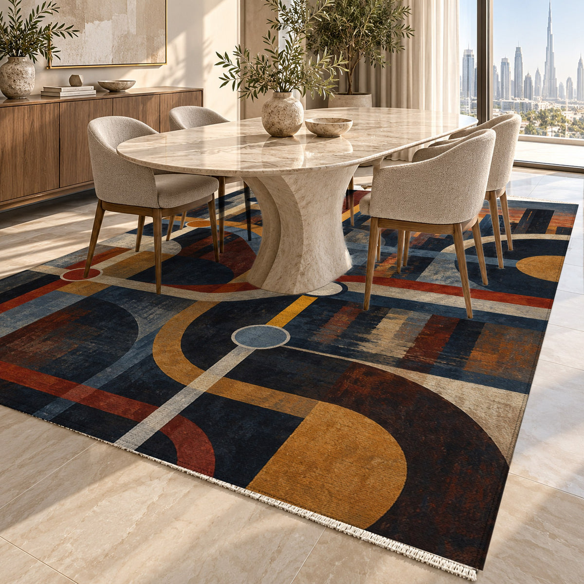 Metro Lines Modern Washable Rug — dubai dining