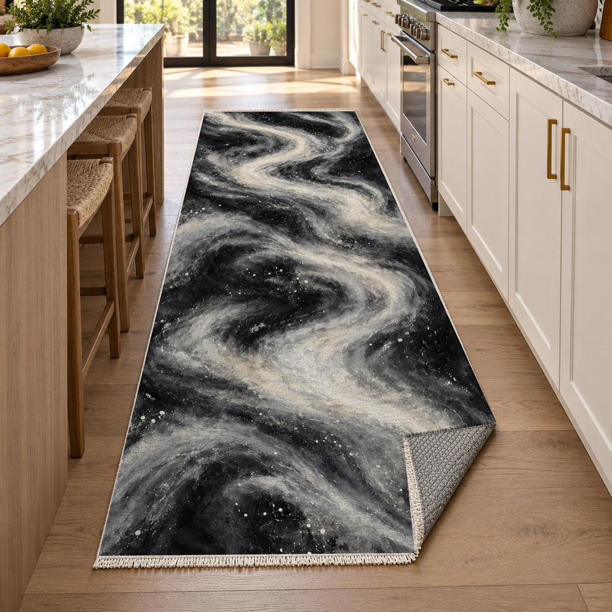 Milky Ribbons Charcoal Abstract Washable Rug — new york kitchen runner