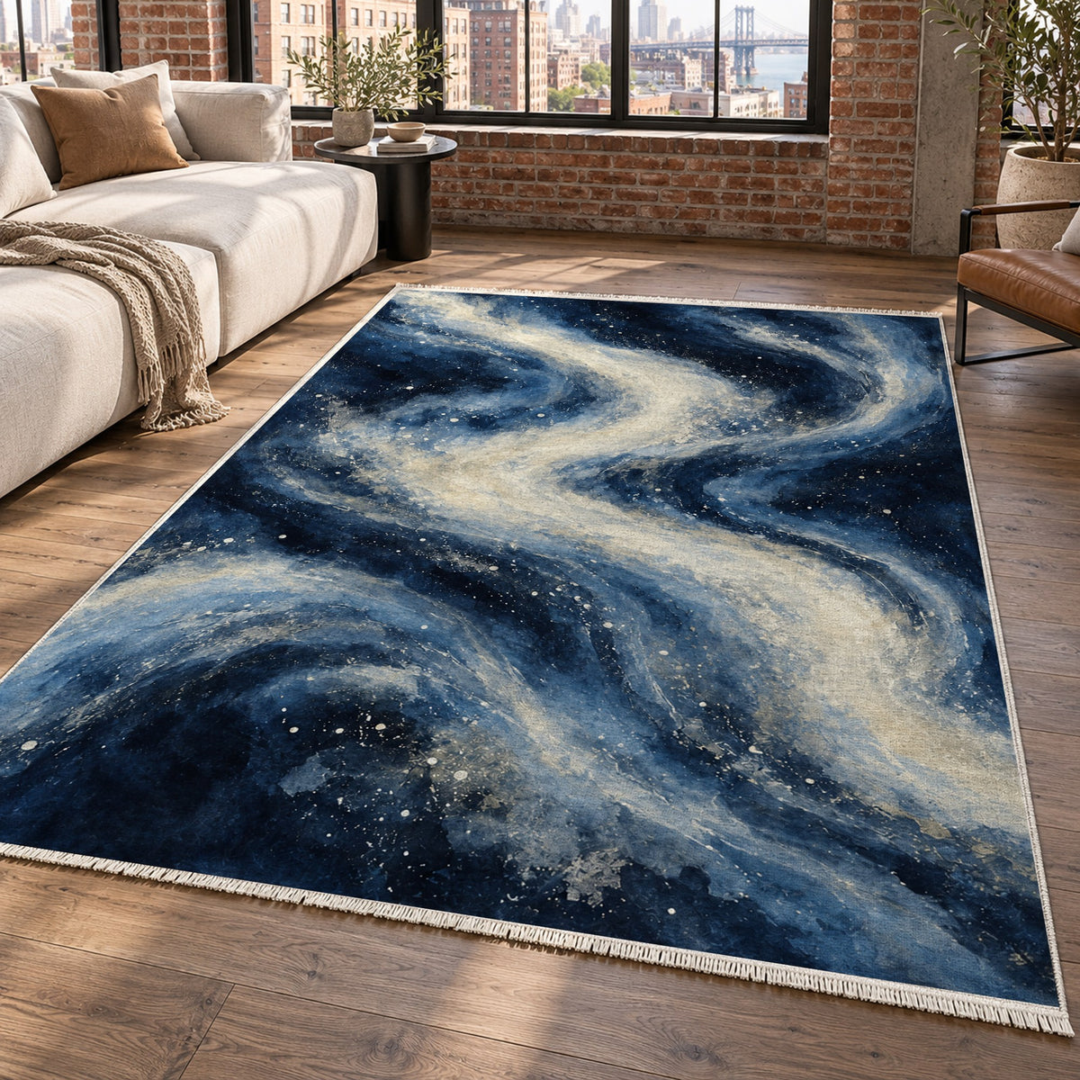 Milky Ribbons Indigo Abstract Washable Rug — new york living