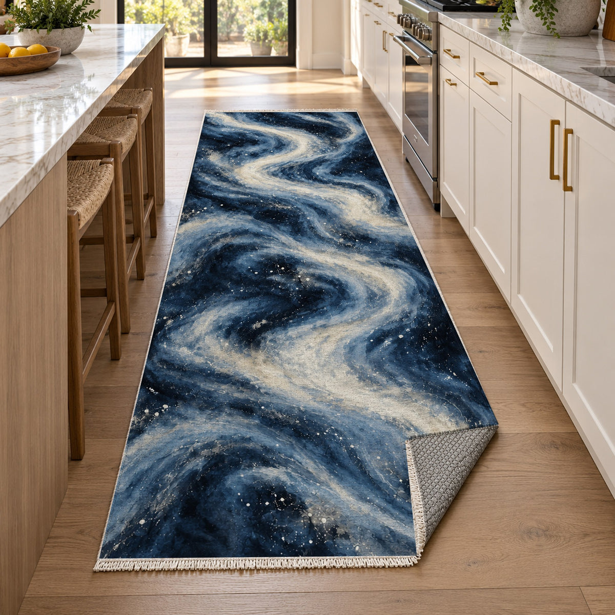 Milky Ribbons Indigo Abstract Washable Rug — new york kitchen runner
