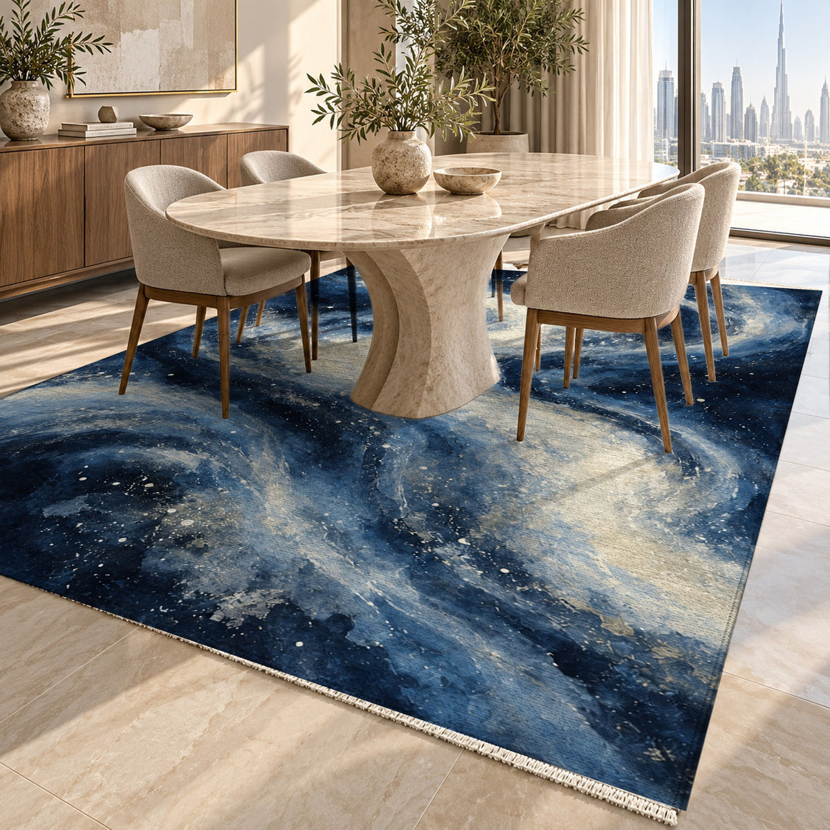 Milky Ribbons Indigo Abstract Washable Rug — dubai dining