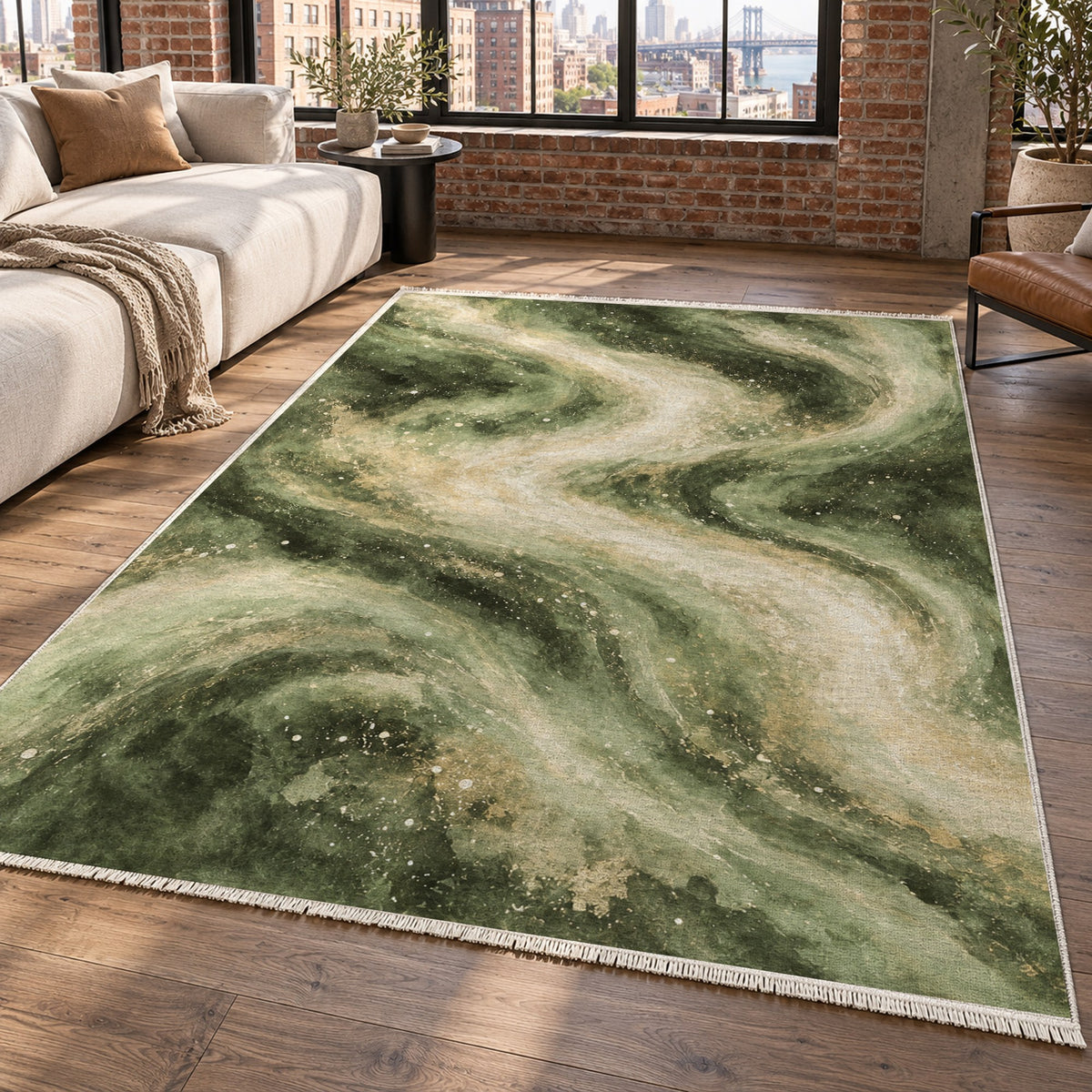 Milky Ribbons Sage Abstract Washable Rug — new york living