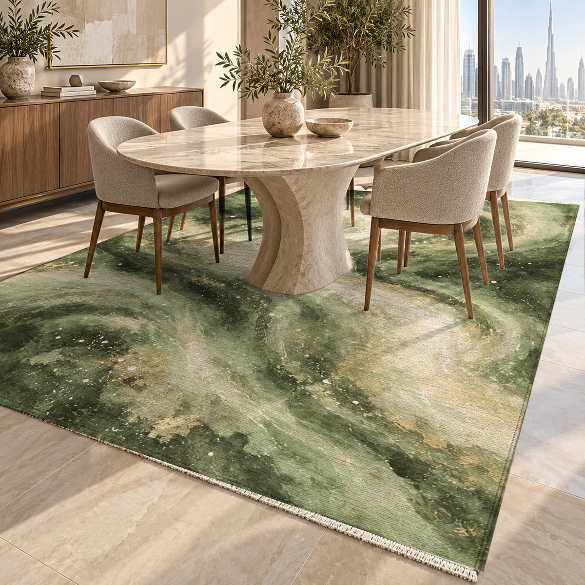 Milky Ribbons Sage Abstract Washable Rug — dubai dining