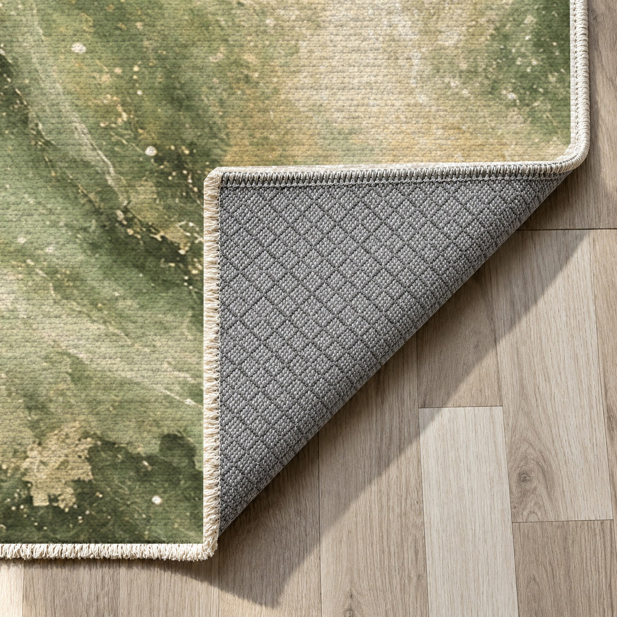 Milky Ribbons Sage Abstract Washable Rug — backing close up