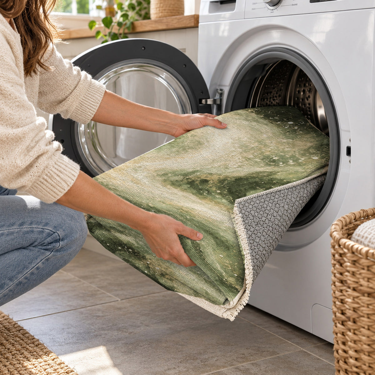 Milky Ribbons Sage Abstract Washable Rug — washing machine