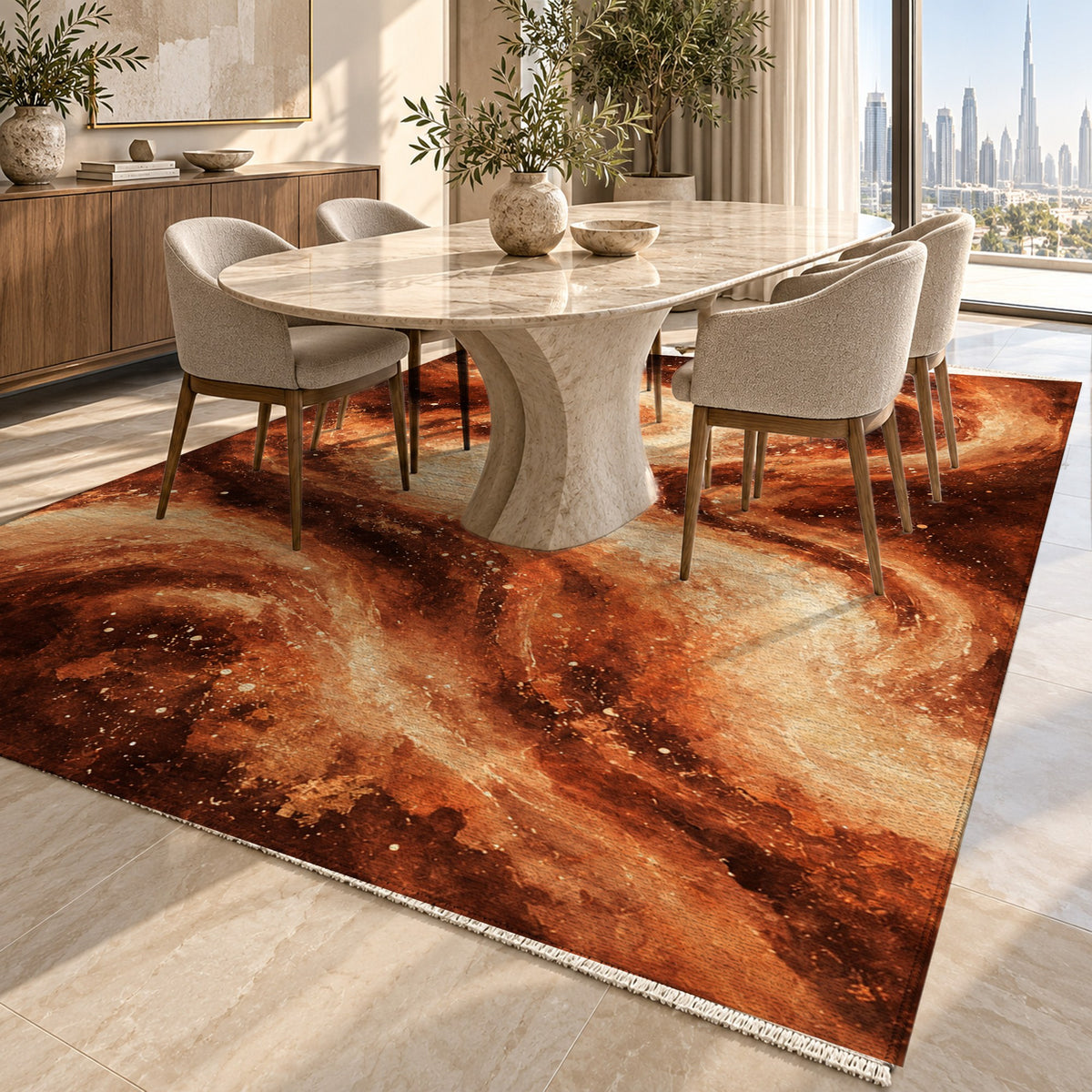 Milky Ribbons Terracotta Abstract Washable Rug — dubai dining