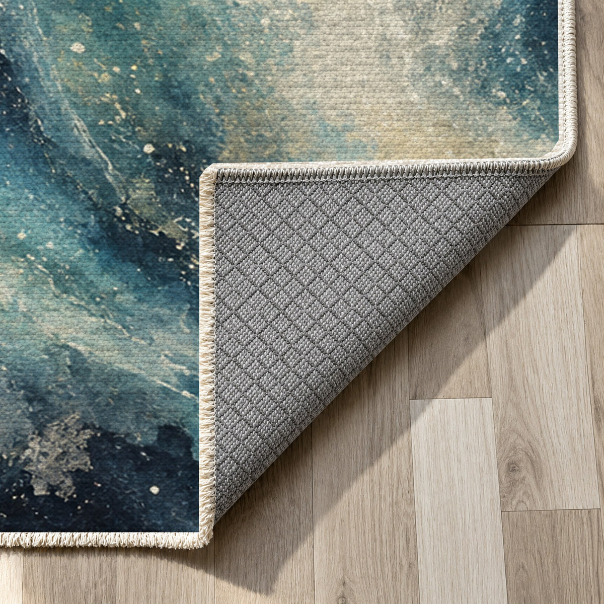 Milky Ribbons Abstract Washable Rug — backing close up