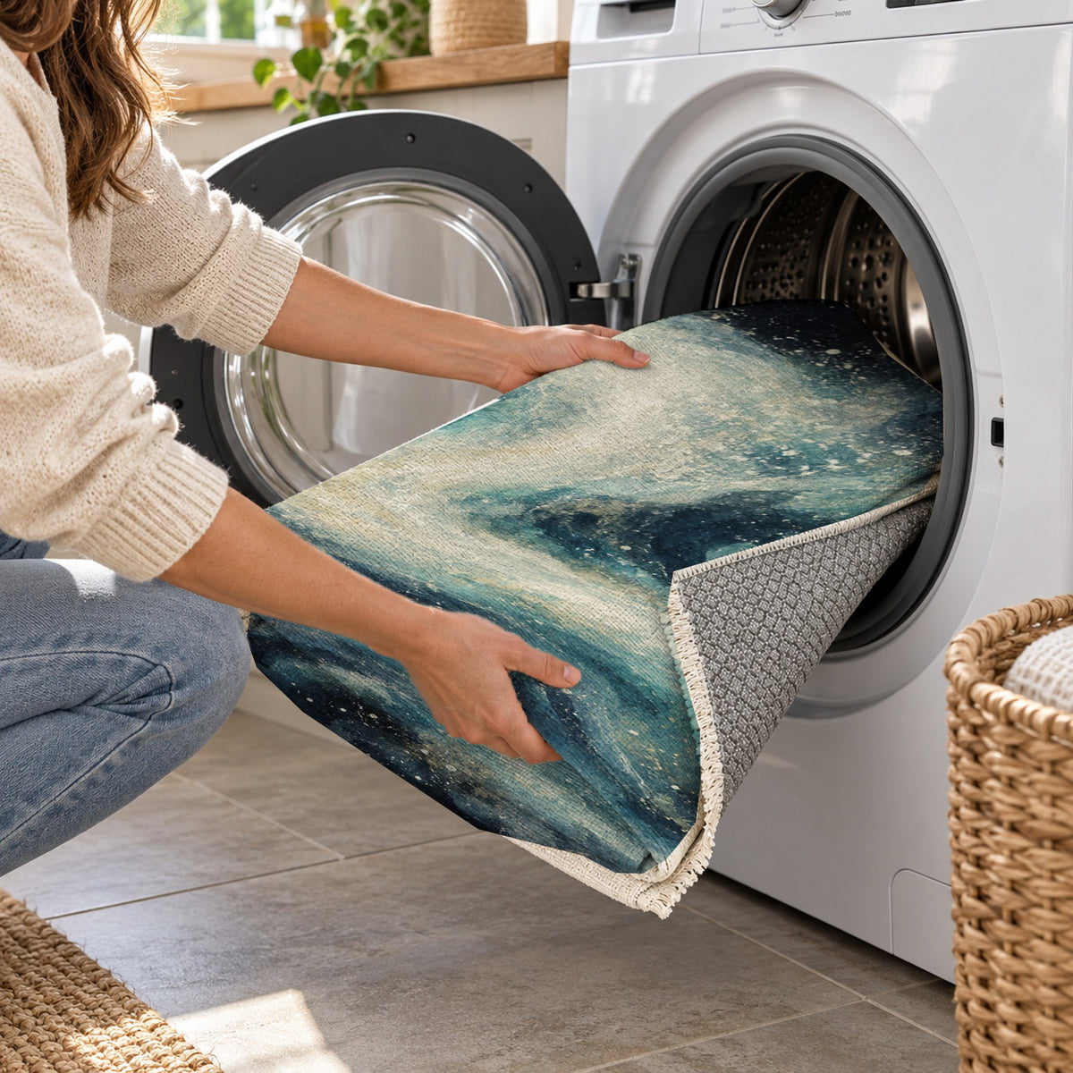 Milky Ribbons Abstract Washable Rug — washing machine