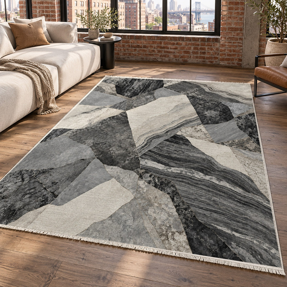 Mineral Fragments Charcoal Abstract Washable Rug — new york living
