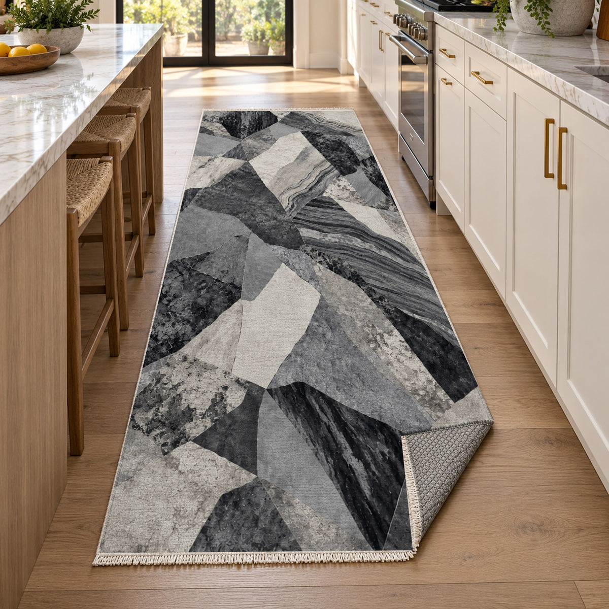 Mineral Fragments Charcoal Abstract Washable Rug — new york kitchen runner