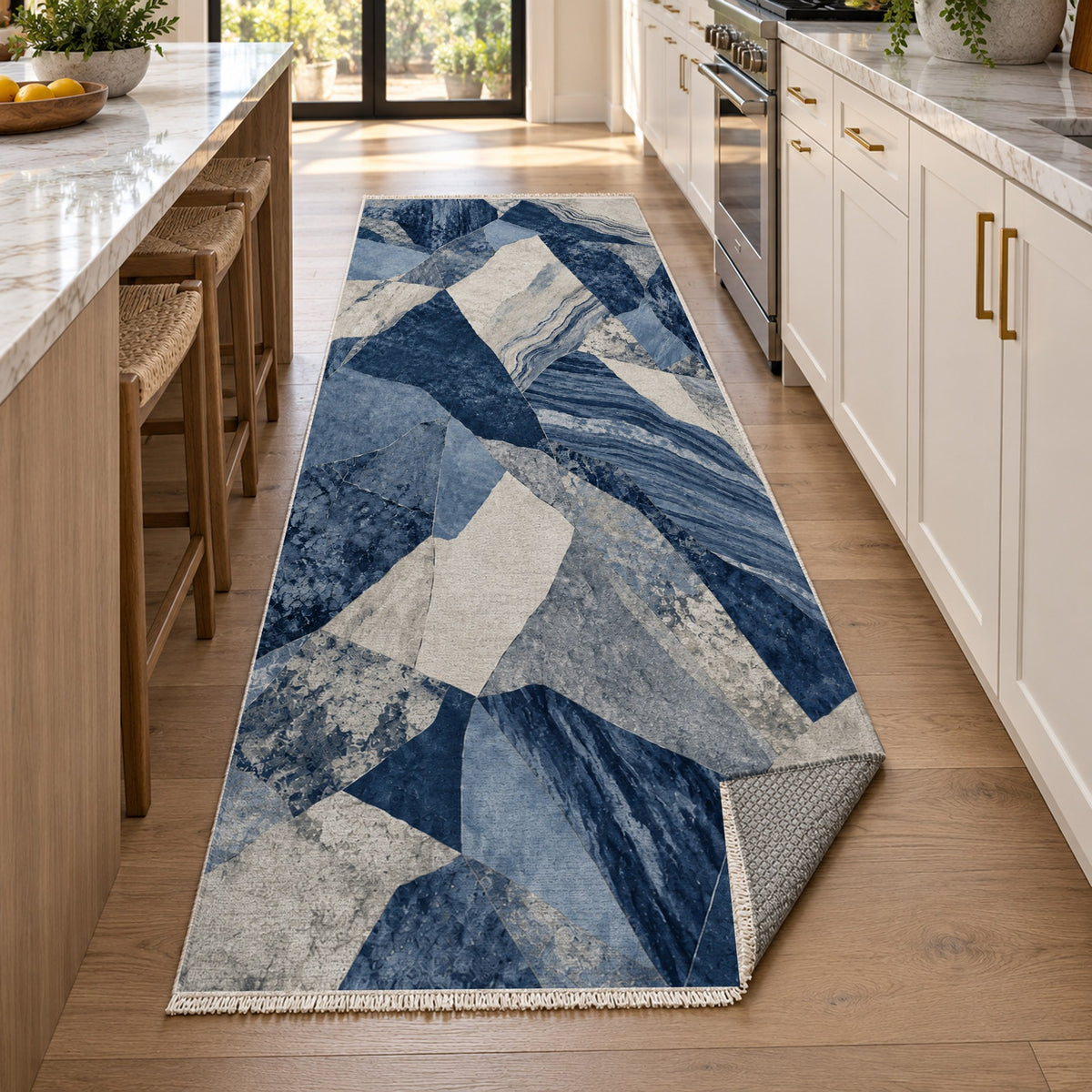 Mineral Fragments Indigo Abstract Washable Rug — new york kitchen runner