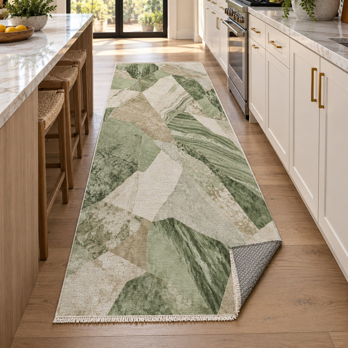 Mineral Fragments Sage Abstract Washable Rug — new york kitchen runner