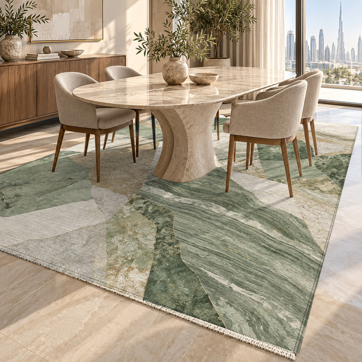 Mineral Fragments Sage Abstract Washable Rug — dubai dining