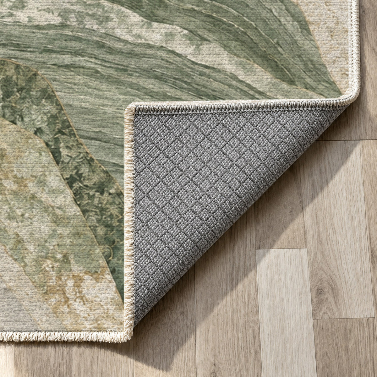 Mineral Fragments Sage Abstract Washable Rug — backing close up