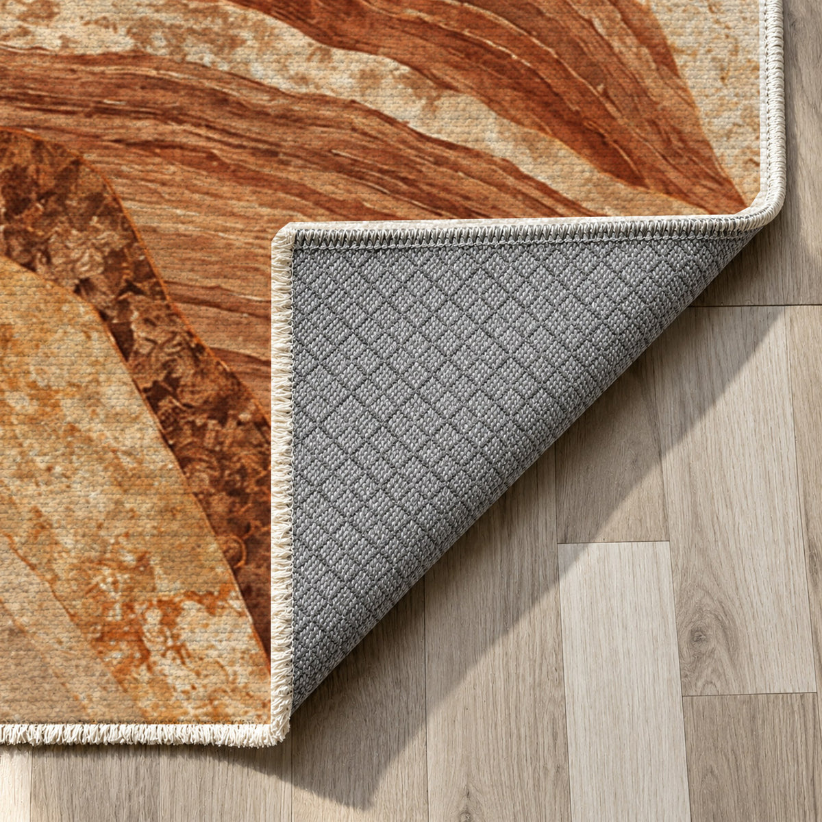 Mineral Fragments Terracotta Abstract Washable Rug — backing close up