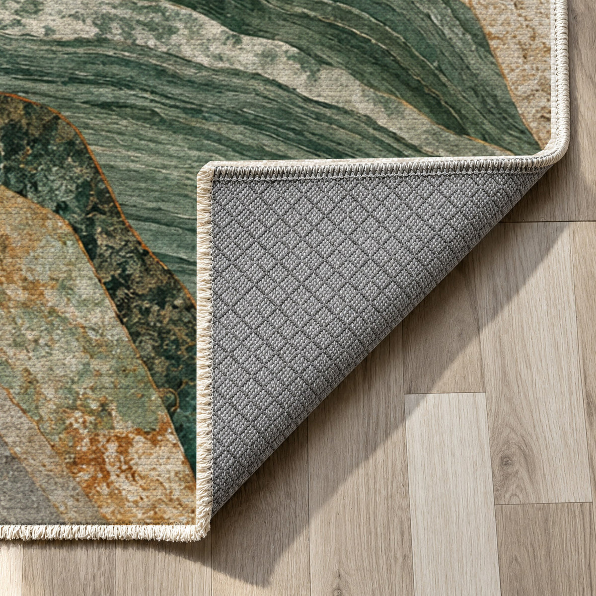 Mineral Fragments Abstract Washable Rug — backing close up