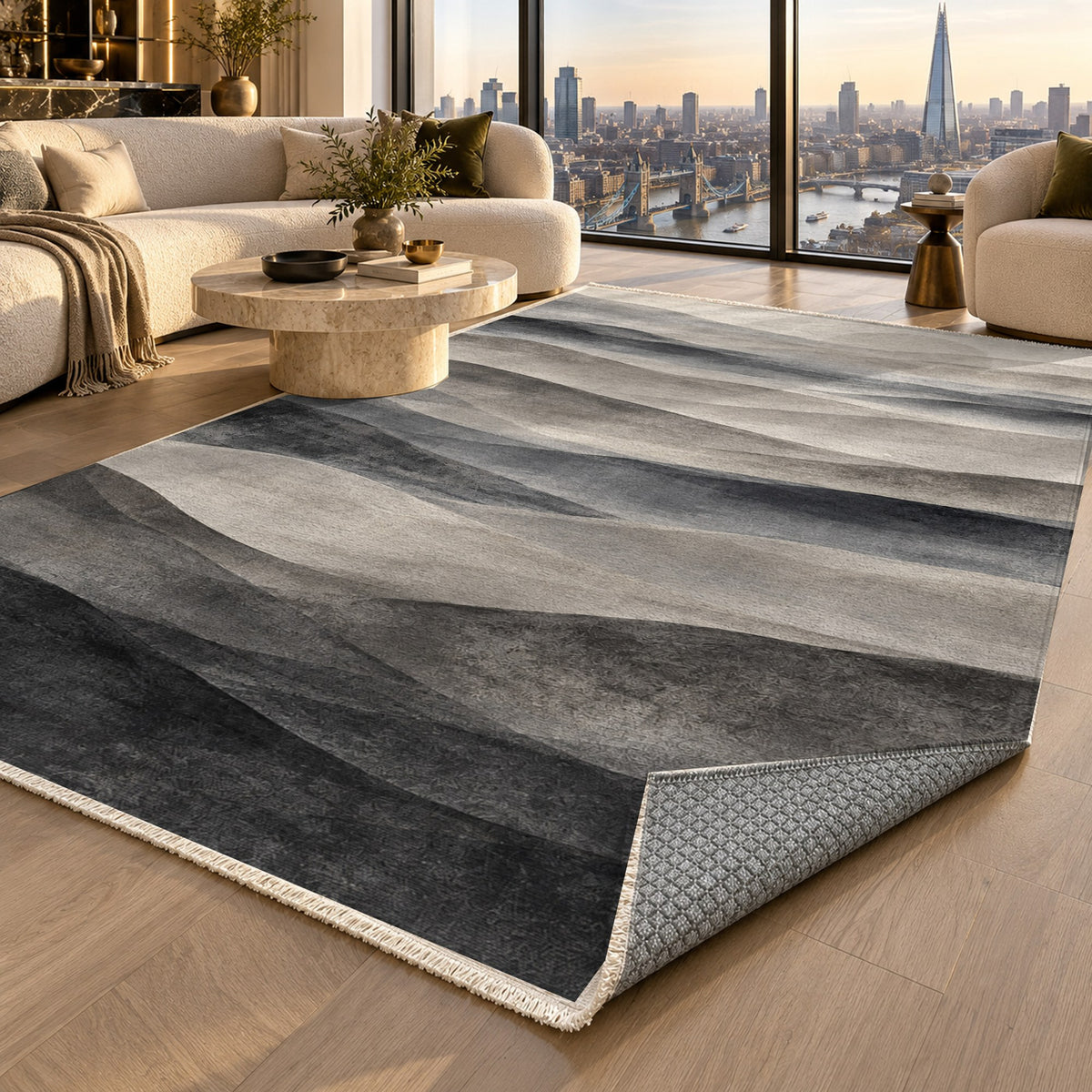 Mirage Layers Charcoal Modern Washable Rug — london luxury living