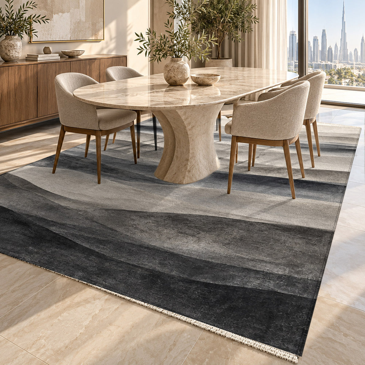 Mirage Layers Charcoal Modern Washable Rug — dubai dining