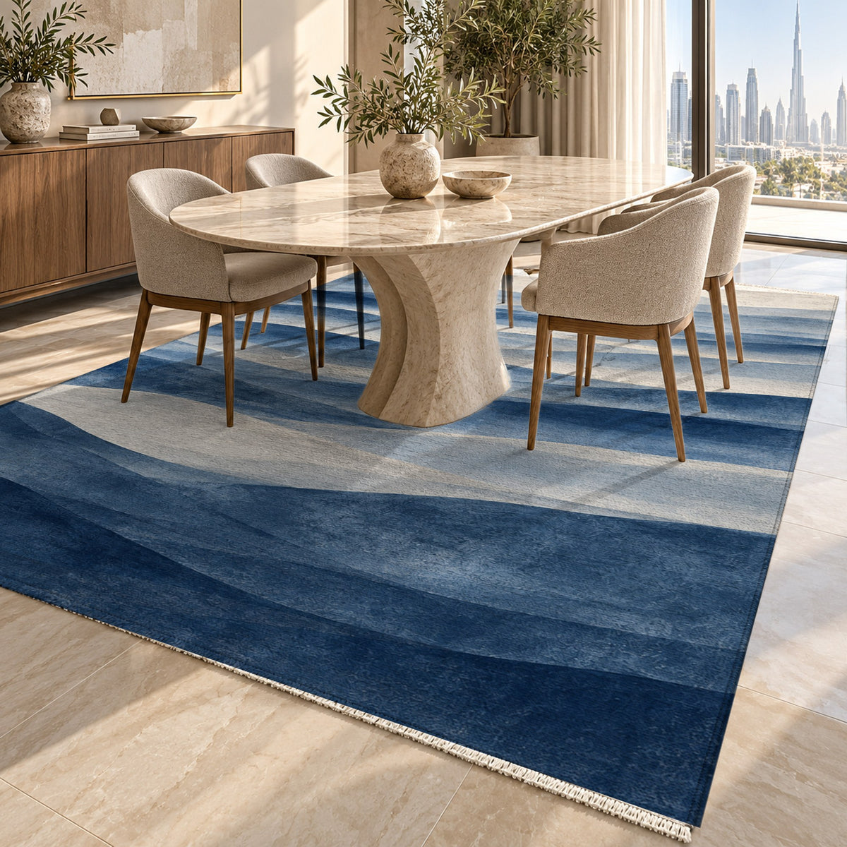 Mirage Layers Indigo Modern Washable Rug — dubai dining