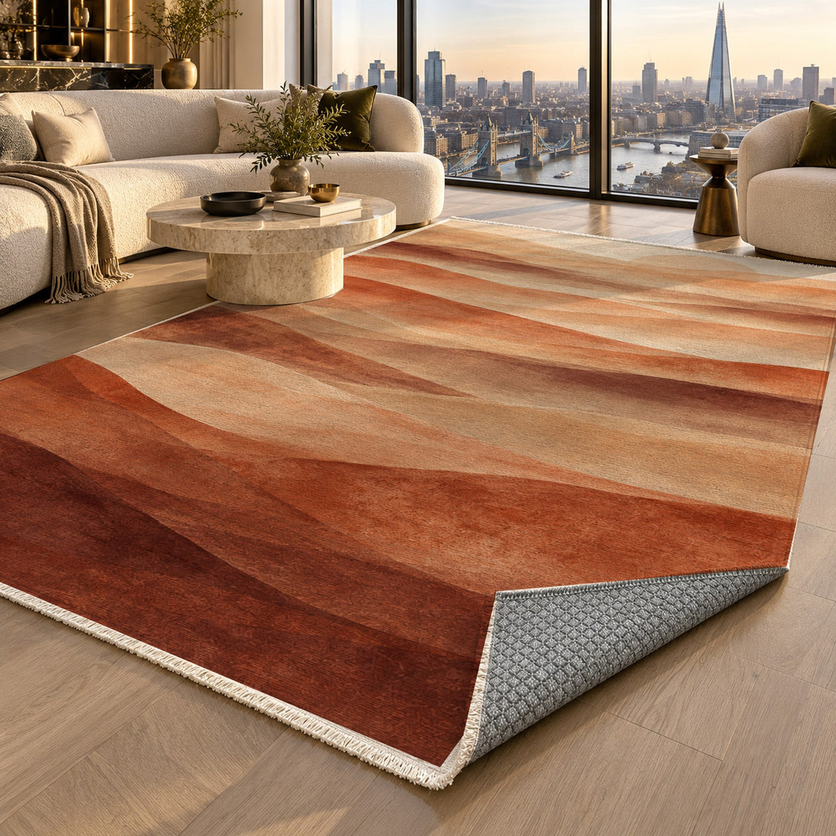 Mirage Layers Terracotta Modern Washable Rug — london luxury living