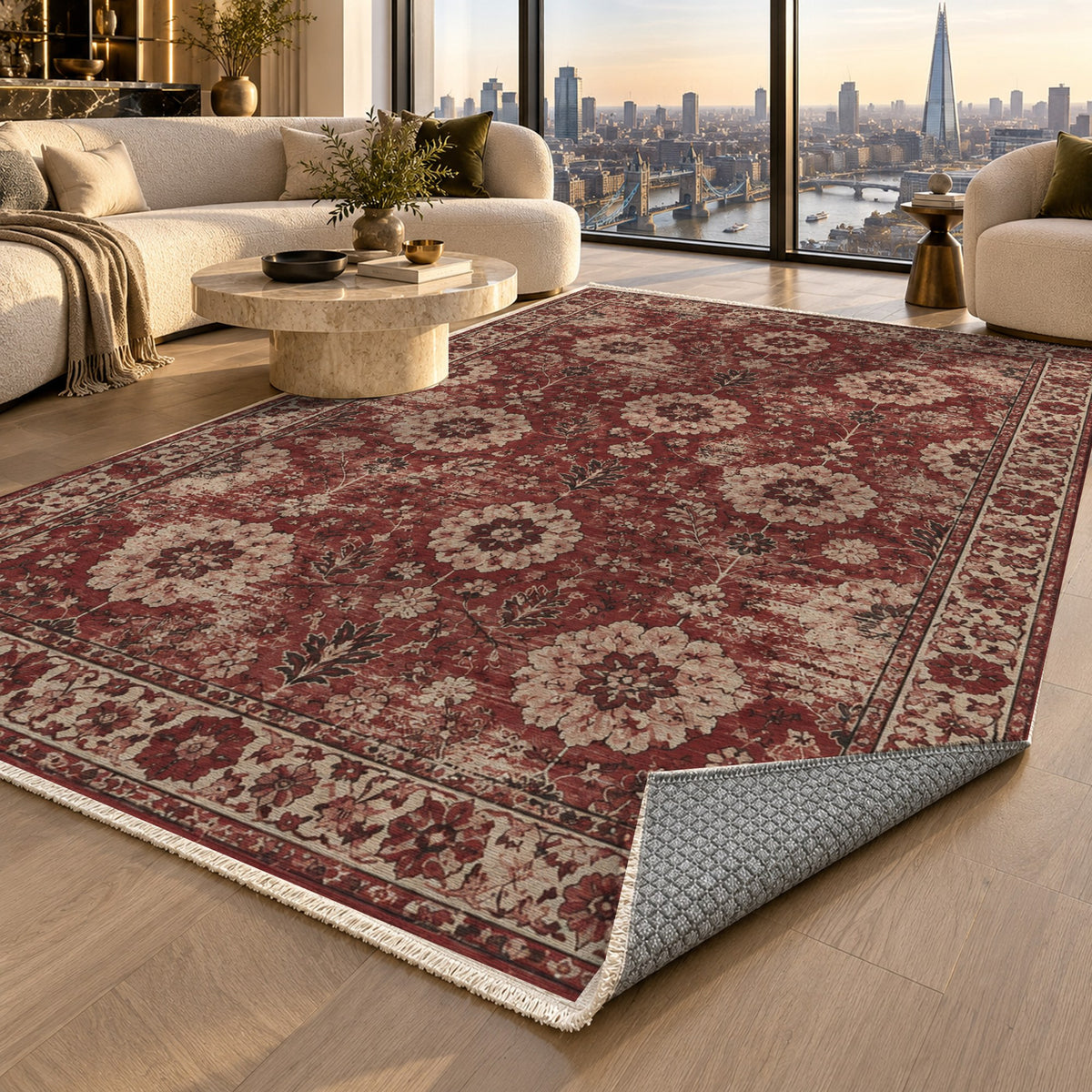 Misty Rosettes Burgundy Red Vintage Washable Rug — london luxury living