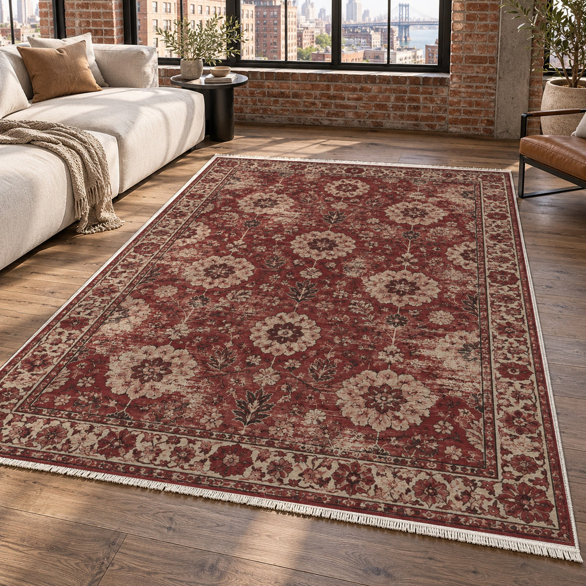 Misty Rosettes Burgundy Red Vintage Washable Rug — new york living