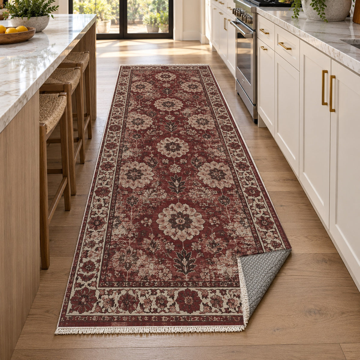 Misty Rosettes Burgundy Red Vintage Washable Rug — new york kitchen runner