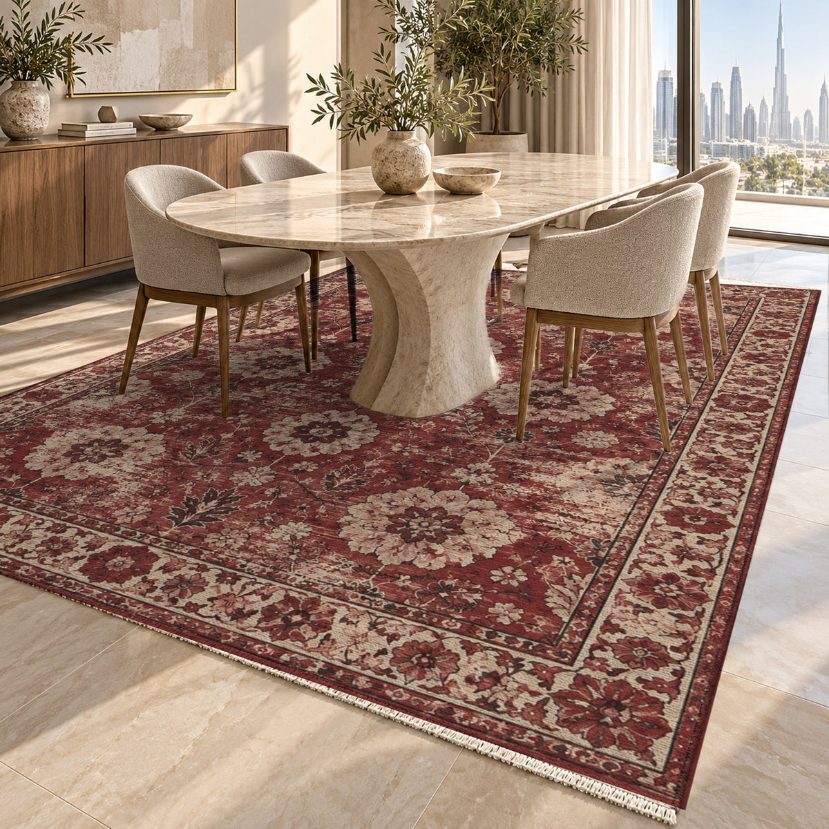 Misty Rosettes Burgundy Red Vintage Washable Rug — dubai dining